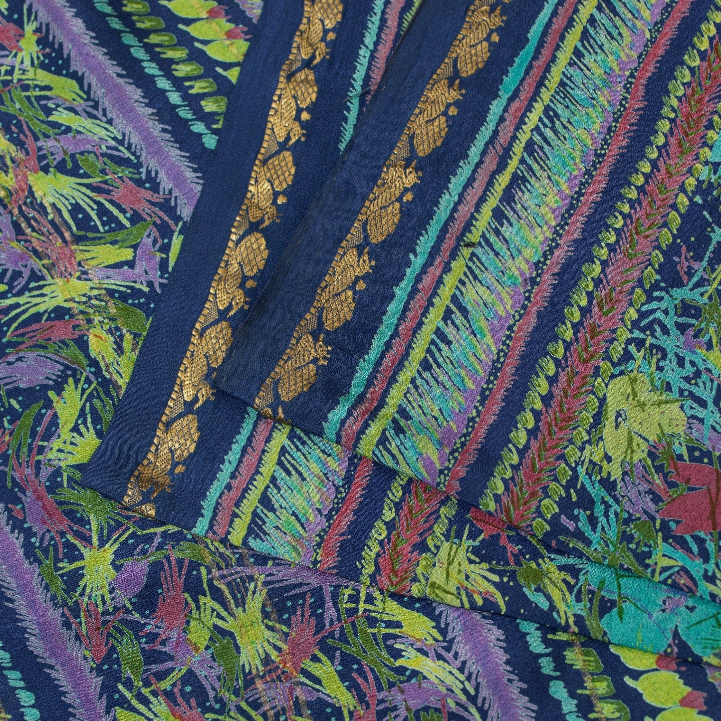 Sanskriti Vintage Sarees Blue Pure Silk Floral Printed 5+YD Sari Craft Material