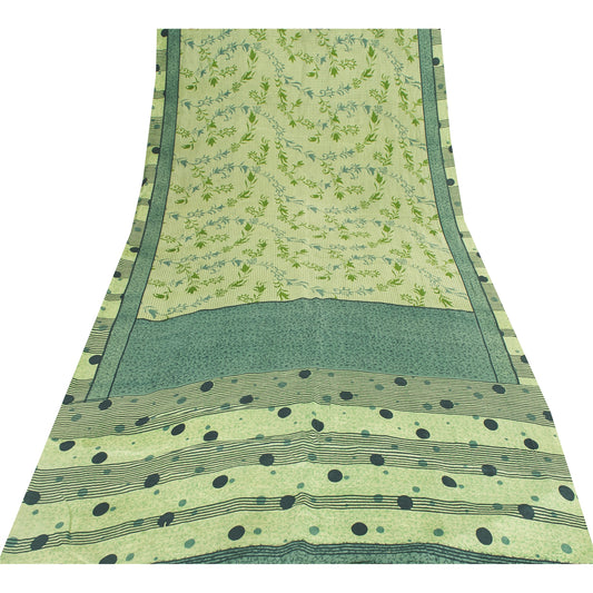 Sanskriti Vintage Sarees Green Pure Silk Floral Printed Sari 5+yd Craft Fabric