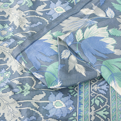 Sanskriti Vintage Sarees Blue Indian Pure Silk Printed Sari 6+yd Craft Fabric