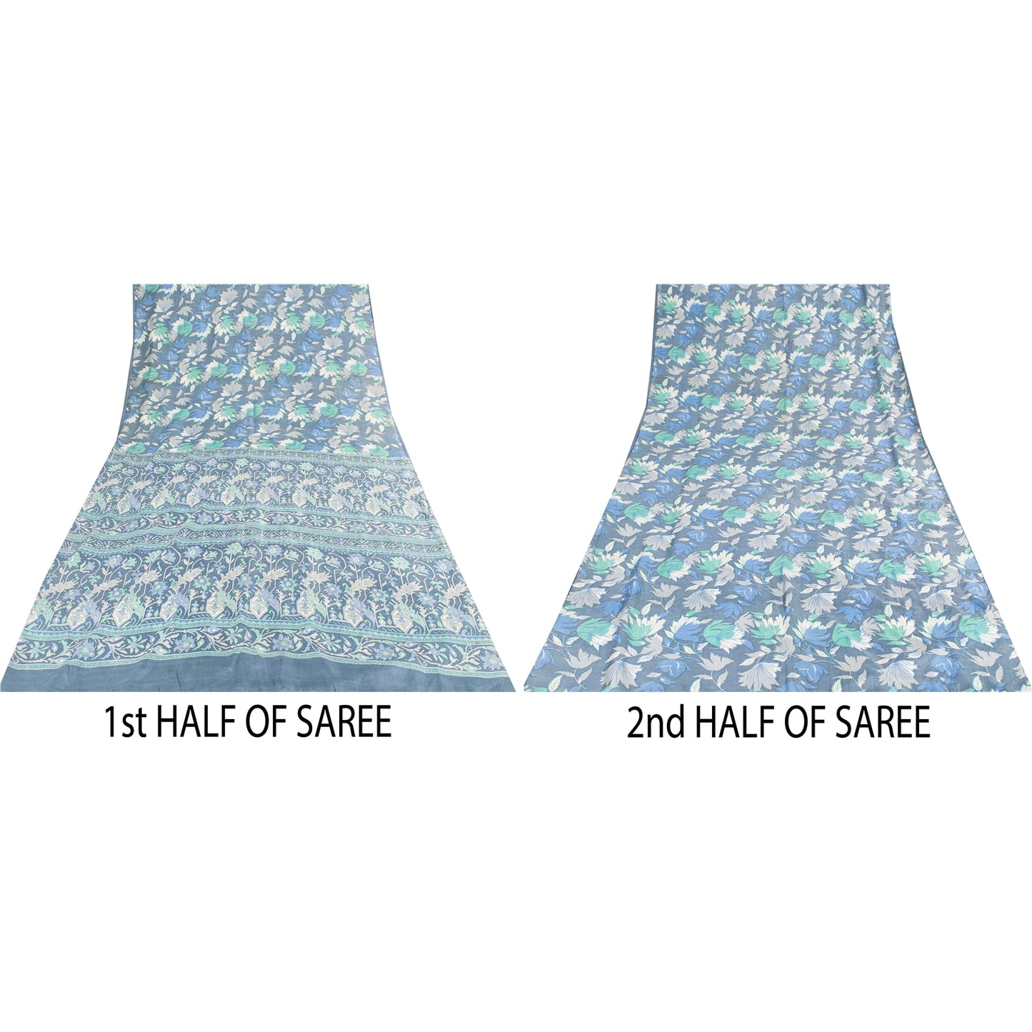 Sanskriti Vintage Sarees Blue Indian Pure Silk Printed Sari 6+yd Craft Fabric