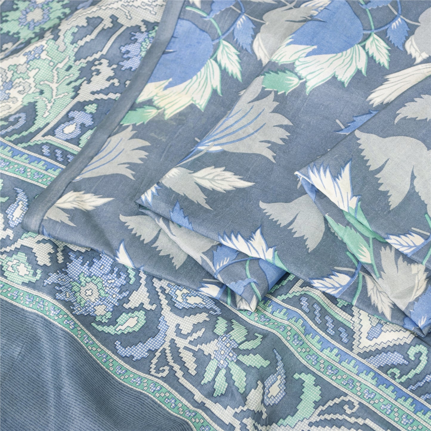 Sanskriti Vintage Sarees Blue Indian Pure Silk Printed Sari 6+yd Craft Fabric