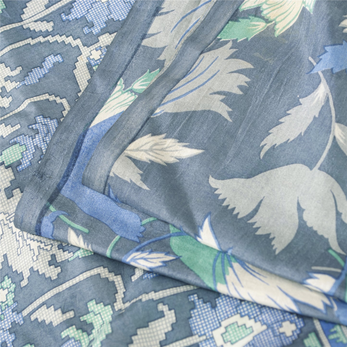 Sanskriti Vintage Sarees Blue Indian Pure Silk Printed Sari 6+yd Craft Fabric