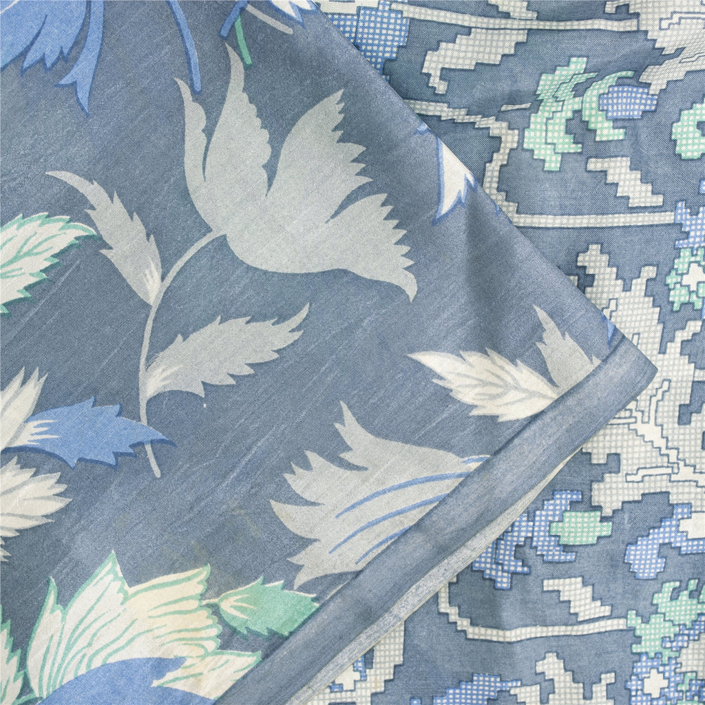 Sanskriti Vintage Sarees Blue Indian Pure Silk Printed Sari 6+yd Craft Fabric