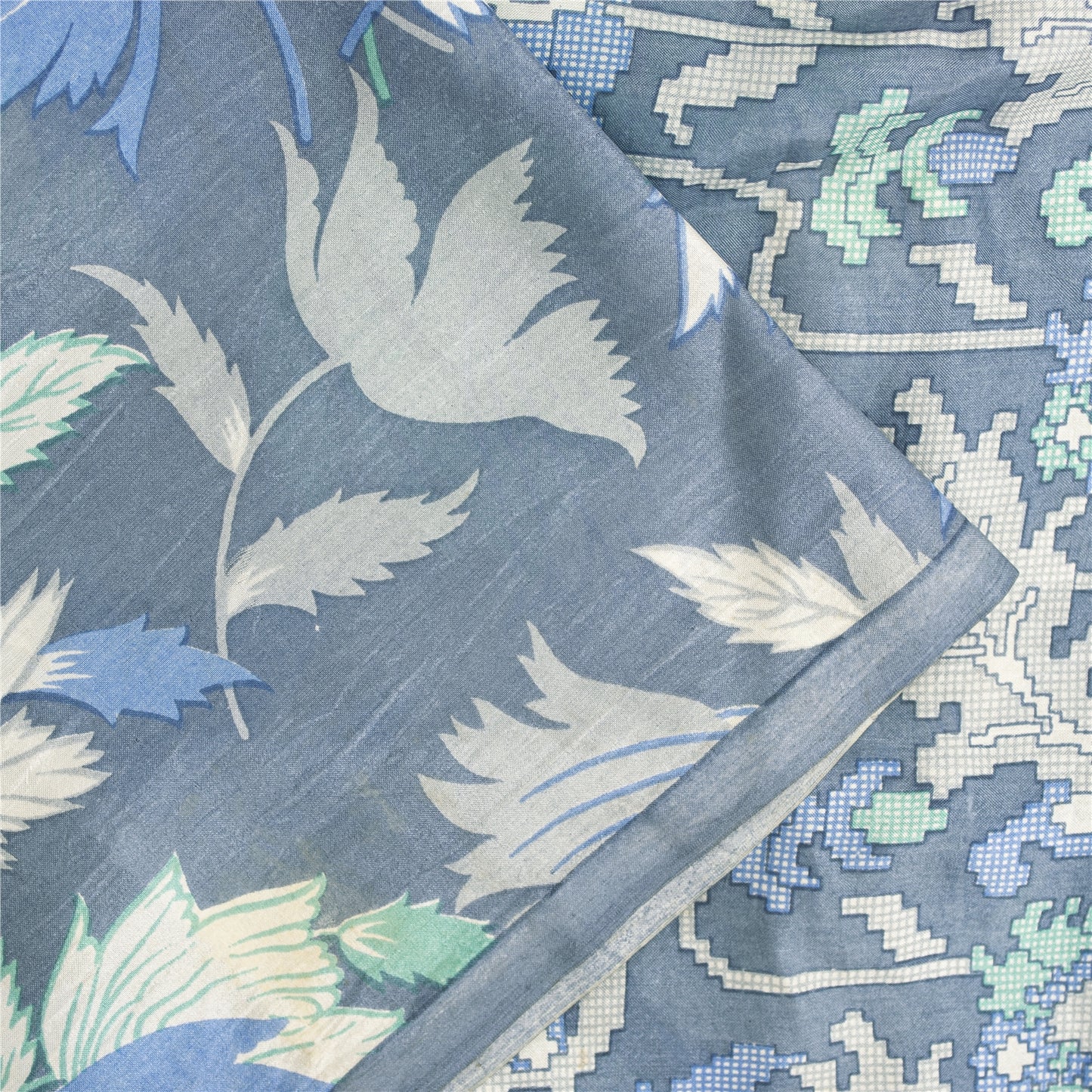 Sanskriti Vintage Sarees Blue Indian Pure Silk Printed Sari 6+yd Craft Fabric