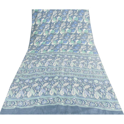 Sanskriti Vintage Sarees Blue Indian Pure Silk Printed Sari 6+yd Craft Fabric