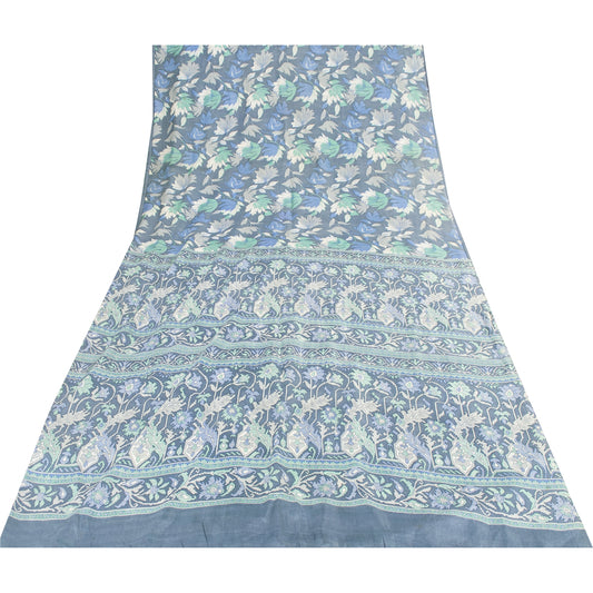 Sanskriti Vintage Sarees Blue Indian Pure Silk Printed Sari 6+yd Craft Fabric