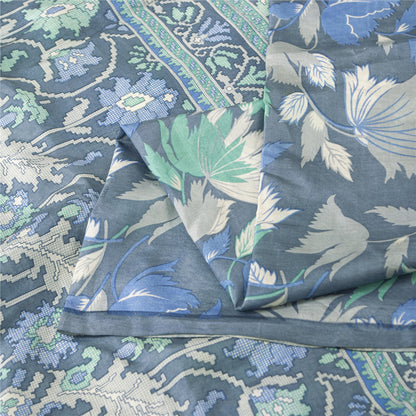 Sanskriti Vintage Sarees Blue Indian Pure Silk Printed Sari 6+yd Craft Fabric