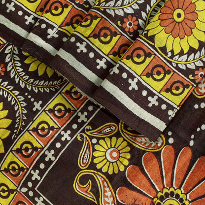 Sanskriti Vintage Saree Brown Soft Pure Silk Floral Print Sari 6+Yd Craft Fabric