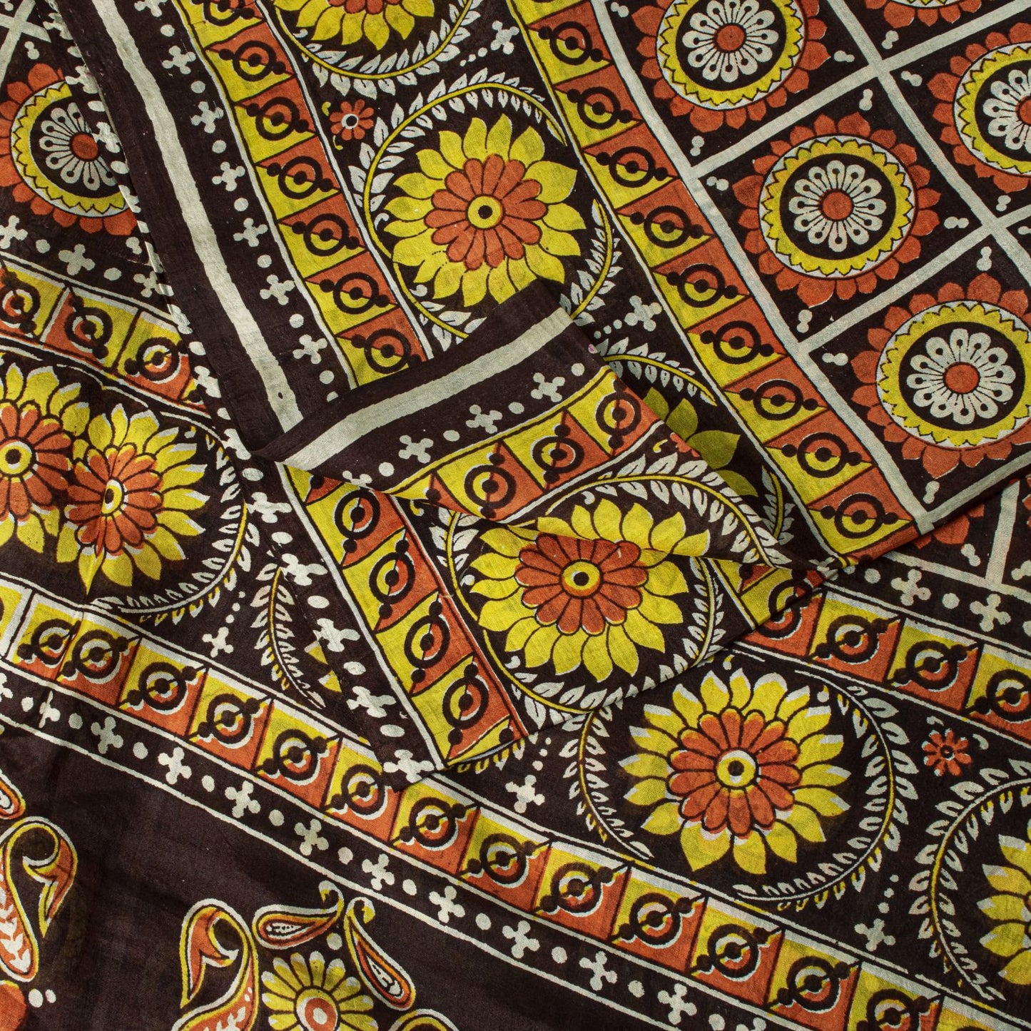 Sanskriti Vintage Saree Brown Soft Pure Silk Floral Print Sari 6+Yd Craft Fabric