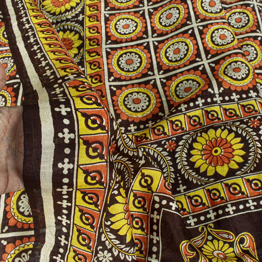 Sanskriti Vintage Saree Brown Soft Pure Silk Floral Print Sari 6+Yd Craft Fabric