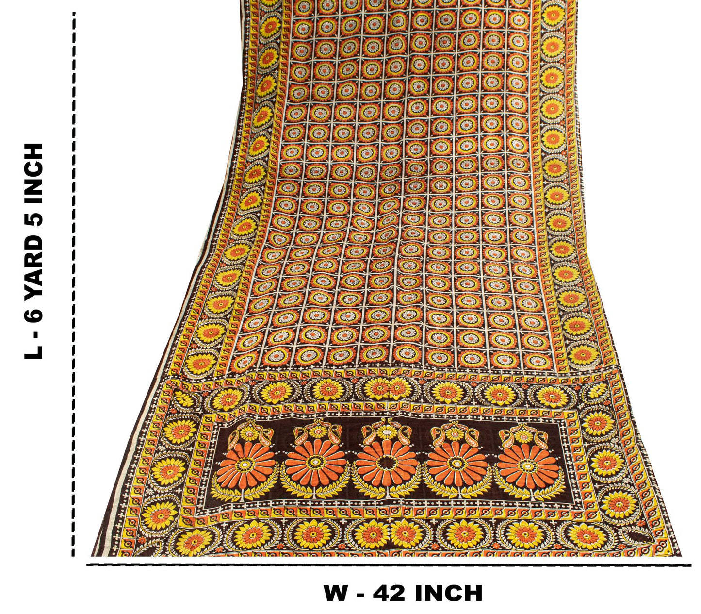 Sanskriti Vintage Saree Brown Soft Pure Silk Floral Print Sari 6+Yd Craft Fabric