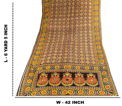 Sanskriti Vintage Saree Brown Soft Pure Silk Floral Print Sari 6+Yd Craft Fabric