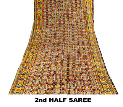 Sanskriti Vintage Saree Brown Soft Pure Silk Floral Print Sari 6+Yd Craft Fabric