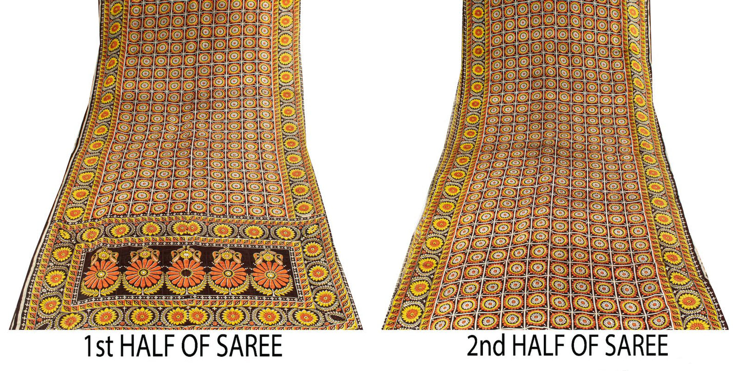 Sanskriti Vintage Saree Brown Soft Pure Silk Floral Print Sari 6+Yd Craft Fabric
