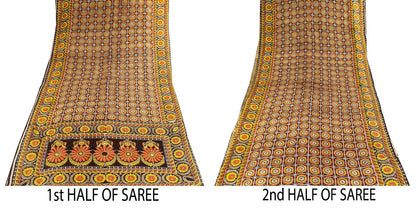 Sanskriti Vintage Saree Brown Soft Pure Silk Floral Print Sari 6+Yd Craft Fabric