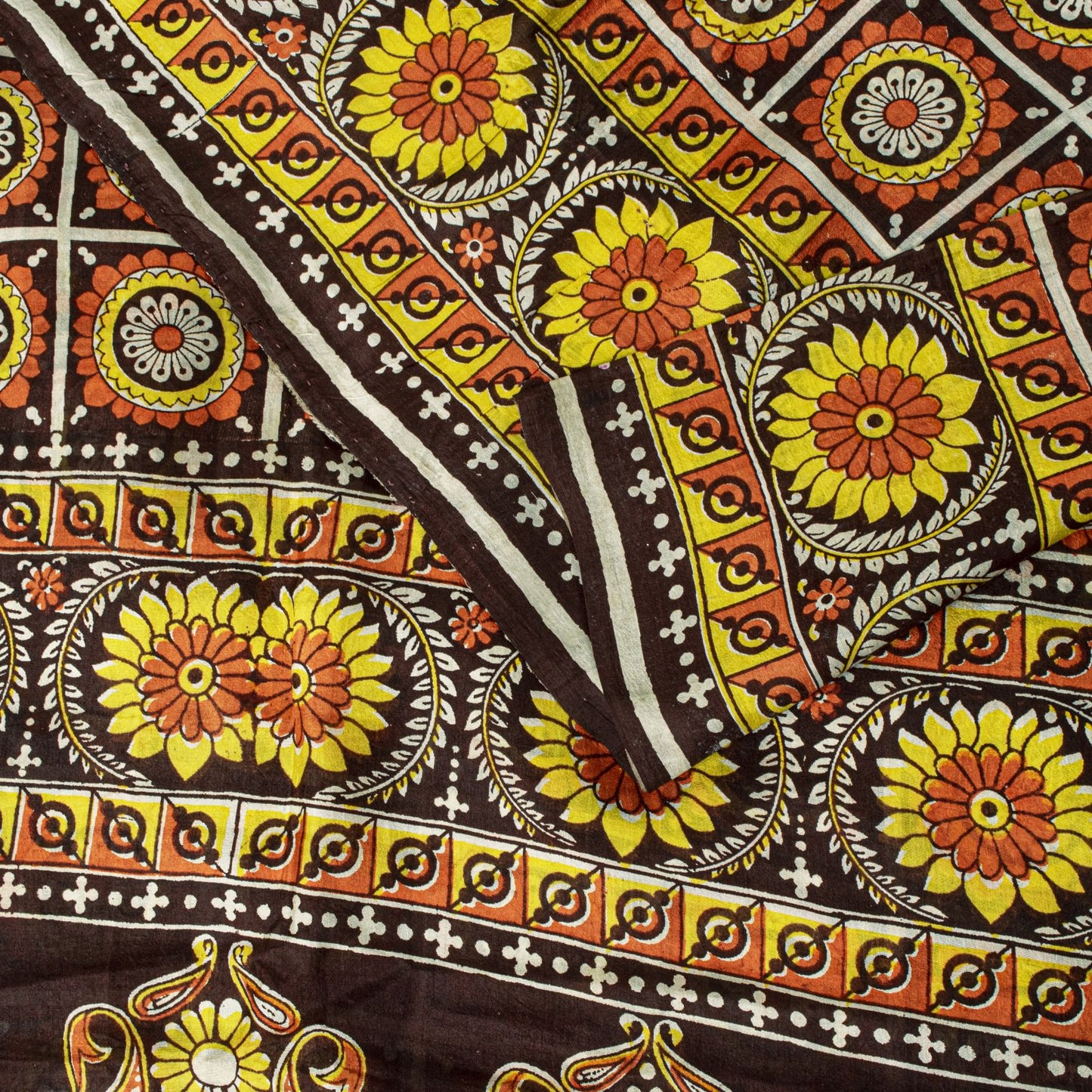 Sanskriti Vintage Saree Brown Soft Pure Silk Floral Print Sari 6+Yd Craft Fabric