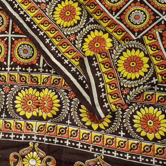 Sanskriti Vintage Saree Brown Soft Pure Silk Floral Print Sari 6+Yd Craft Fabric