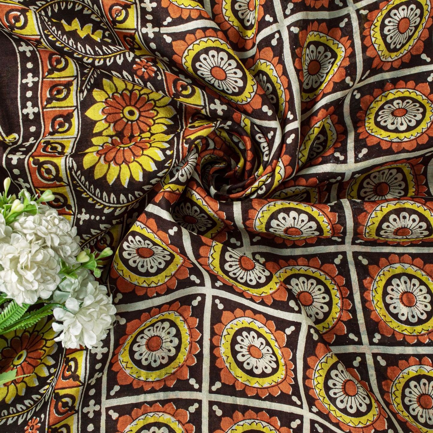 Sanskriti Vintage Saree Brown Soft Pure Silk Floral Print Sari 6+Yd Craft Fabric
