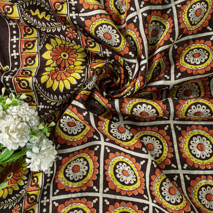 Sanskriti Vintage Saree Brown Soft Pure Silk Floral Print Sari 6+Yd Craft Fabric
