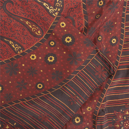 Sanskriti Vintage Sarees Red Pure Silk Paisley Printed Sari 5+yd Craft Fabric