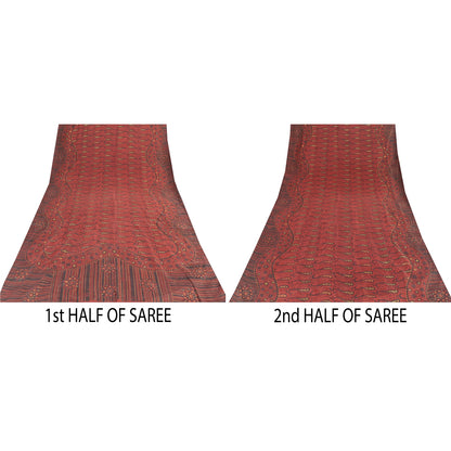 Sanskriti Vintage Sarees Red Pure Silk Paisley Printed Sari 5+yd Craft Fabric