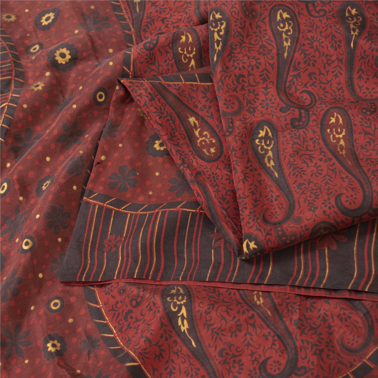 Sanskriti Vintage Sarees Red Pure Silk Paisley Printed Sari 5+yd Craft Fabric
