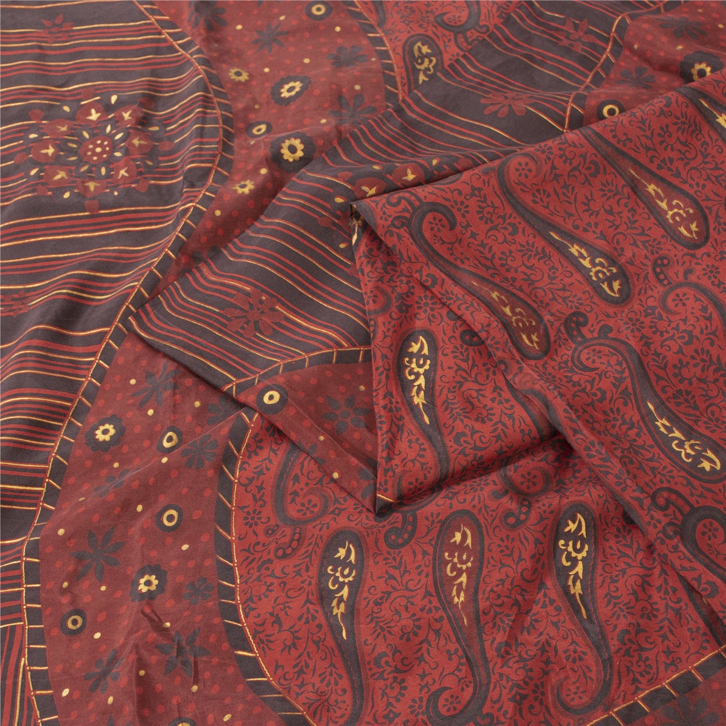 Sanskriti Vintage Sarees Red Pure Silk Paisley Printed Sari 5+yd Craft Fabric