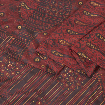 Sanskriti Vintage Sarees Red Pure Silk Paisley Printed Sari 5+yd Craft Fabric