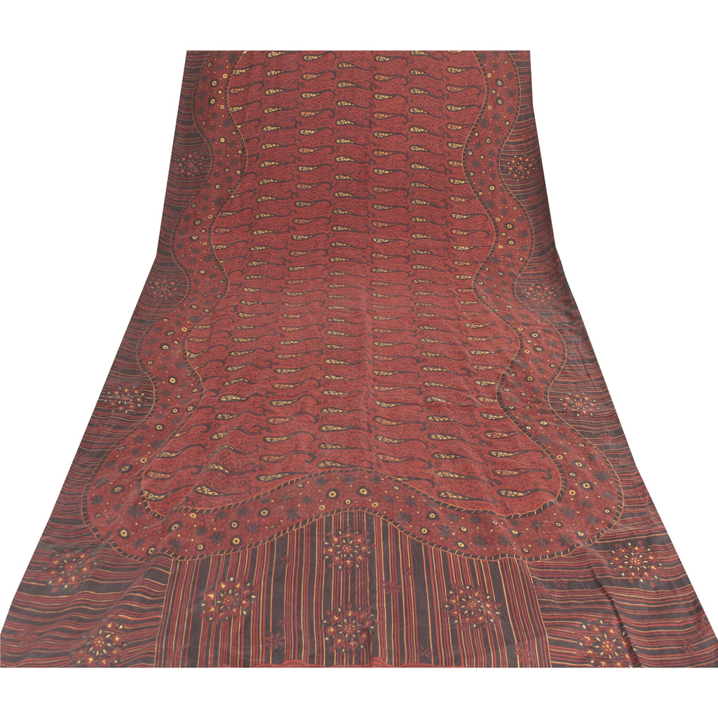 Sanskriti Vintage Sarees Red Pure Silk Paisley Printed Sari 5+yd Craft Fabric