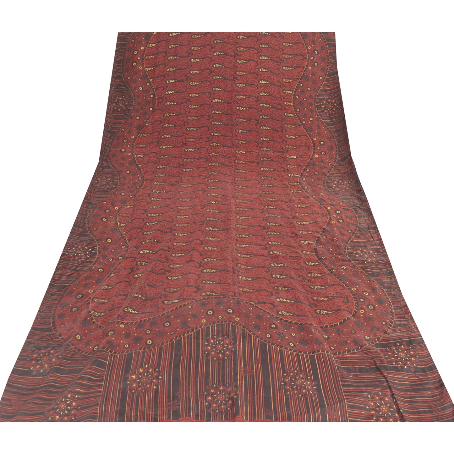 Sanskriti Vintage Sarees Red Pure Silk Paisley Printed Sari 5+yd Craft Fabric