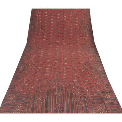 Sanskriti Vintage Sarees Red Pure Silk Paisley Printed Sari 5+yd Craft Fabric