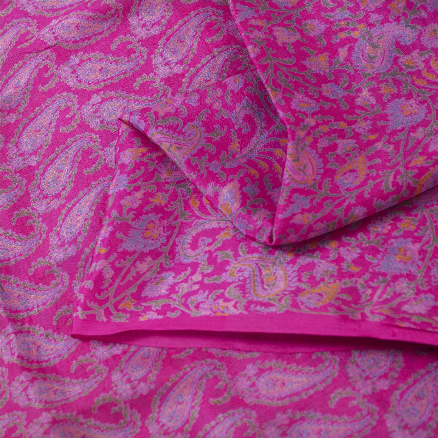 Sanskriti Vintage Sarees Pink Pure Silk Paisley Printed 6yd Sari For Crafters