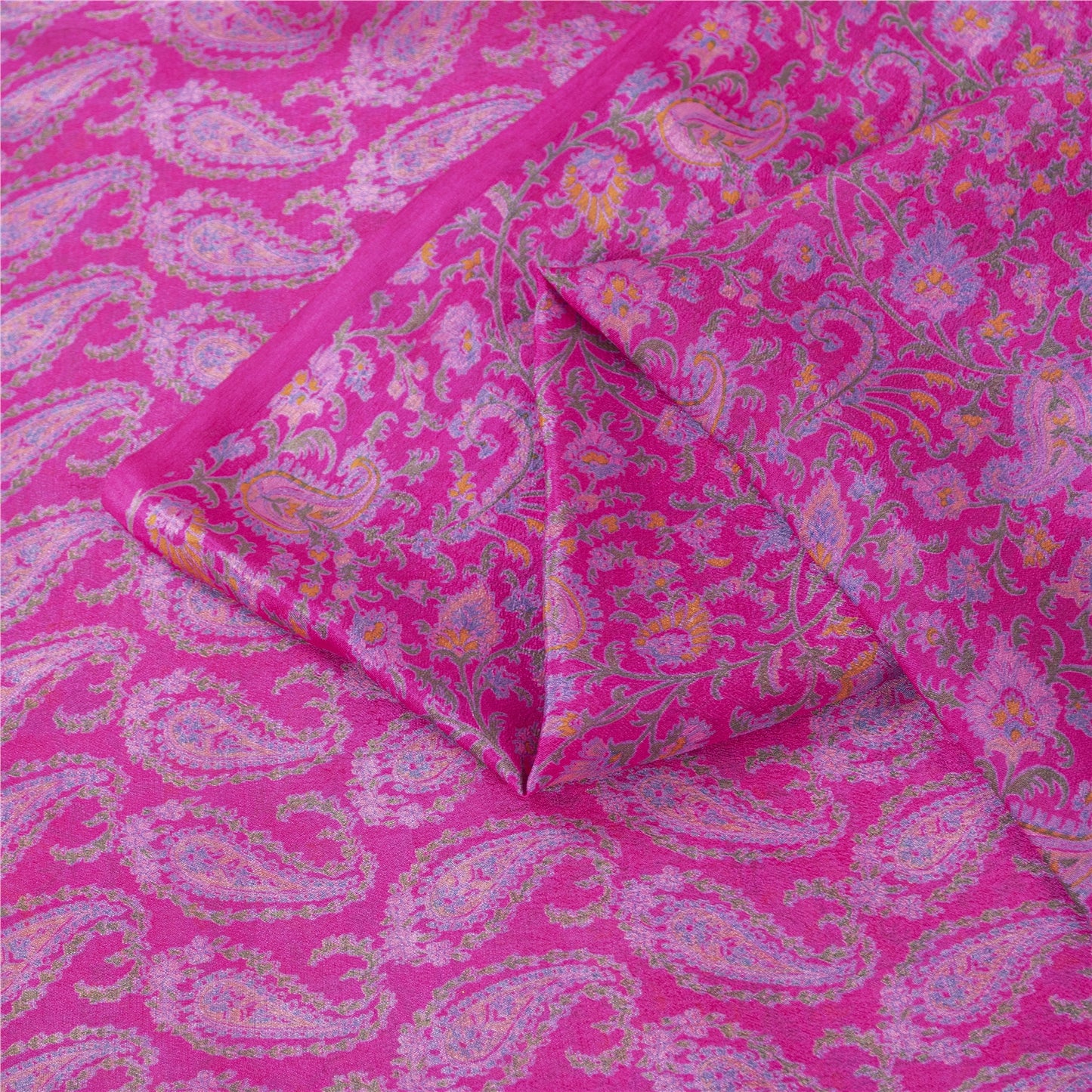 Sanskriti Vintage Sarees Pink Pure Silk Paisley Printed 6yd Sari For Crafters