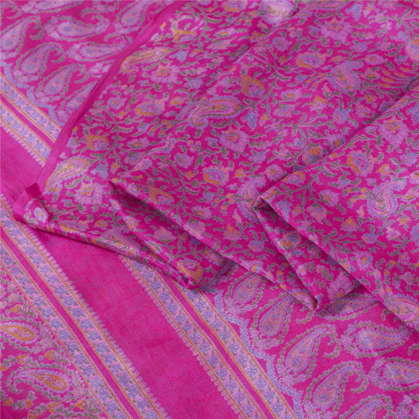 Sanskriti Vintage Sarees Pink Pure Silk Paisley Printed 6yd Sari For Crafters