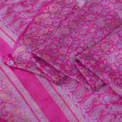 Sanskriti Vintage Sarees Pink Pure Silk Paisley Printed 6yd Sari For Crafters