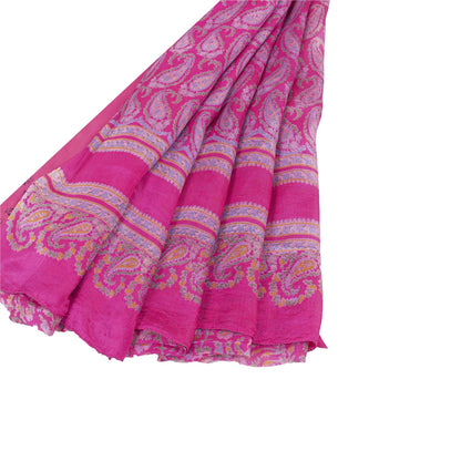 Sanskriti Vintage Sarees Pink Pure Silk Paisley Printed 6yd Sari For Crafters