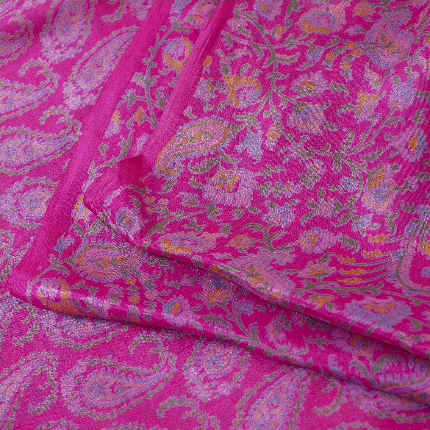 Sanskriti Vintage Sarees Pink Pure Silk Paisley Printed 6yd Sari For Crafters