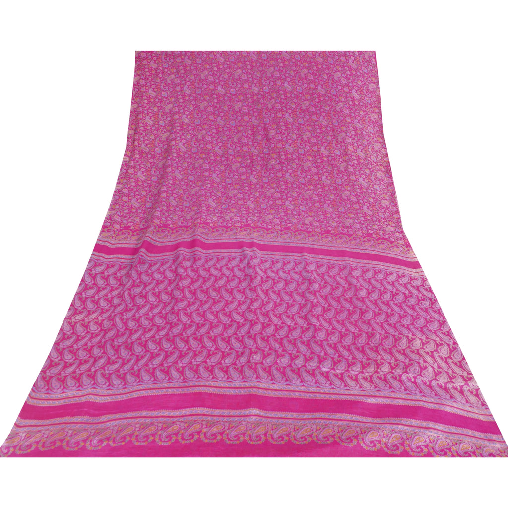 Sanskriti Vintage Sarees Pink Pure Silk Paisley Printed 6yd Sari For Crafters