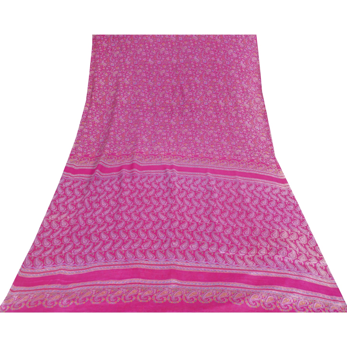 Sanskriti Vintage Sarees Pink Pure Silk Paisley Printed 6yd Sari For Crafters