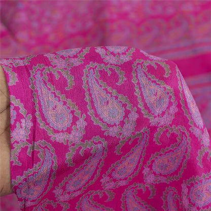 Sanskriti Vintage Sarees Pink Pure Silk Paisley Printed 6yd Sari For Crafters