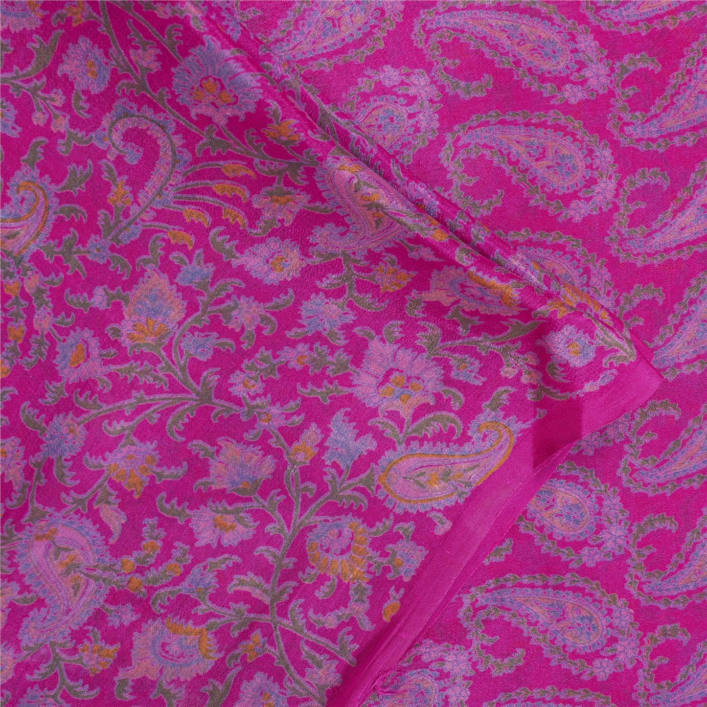 Sanskriti Vintage Sarees Pink Pure Silk Paisley Printed 6yd Sari For Crafters