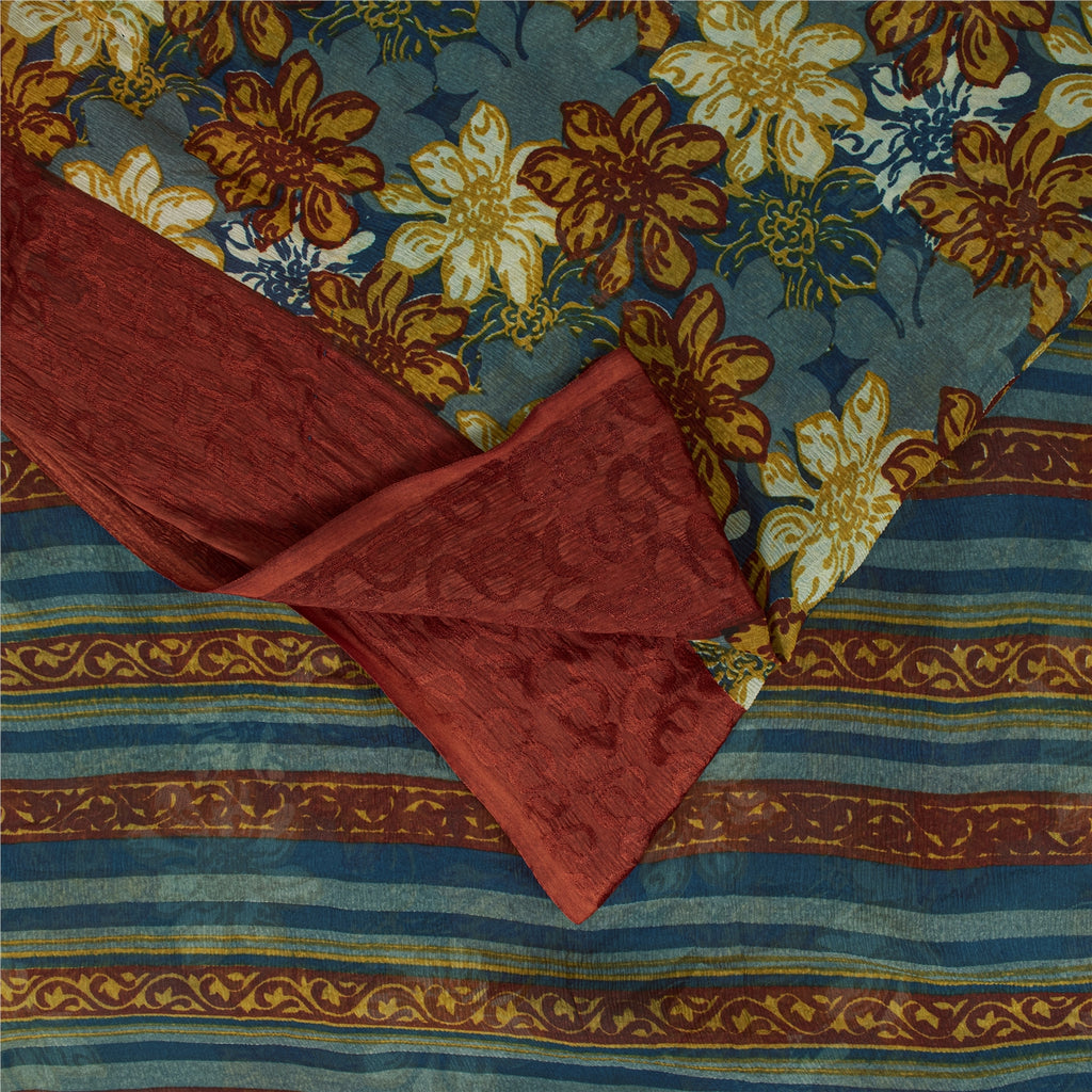 Sanskriti Vintage Sarees Blue Pure Chiffon Silk Printed Sari 6+yd Craft Fabric