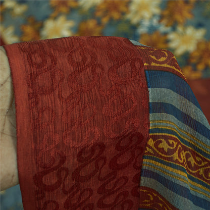 Sanskriti Vintage Sarees Blue Pure Chiffon Silk Printed Sari 6+yd Craft Fabric