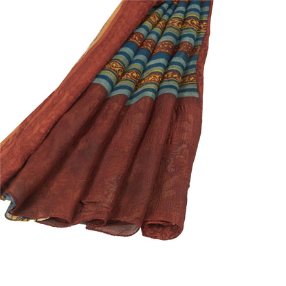 Sanskriti Vintage Sarees Blue Pure Chiffon Silk Printed Sari 6+yd Craft Fabric