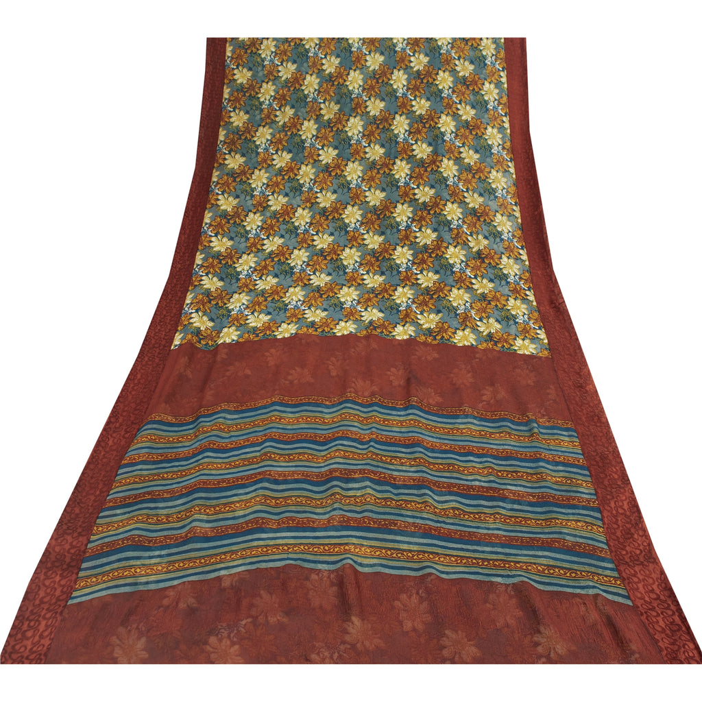 Sanskriti Vintage Sarees Blue Pure Chiffon Silk Printed Sari 6+yd Craft Fabric