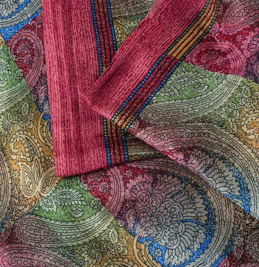 Sanskriti Vintage Saree Multicolor Soft Pure Silk Paisley Printed Sari 5.5+Yard