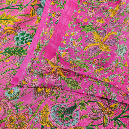 Sanskriti Vintage Craft Supply Floral Printed Pink Pure Silk Sarees 6+YD Sari
