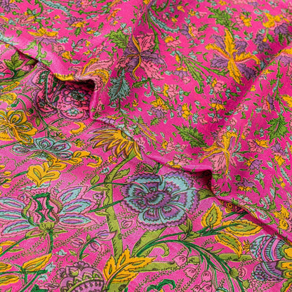 Sanskriti Vintage Craft Supply Floral Printed Pink Pure Silk Sarees 6+YD Sari