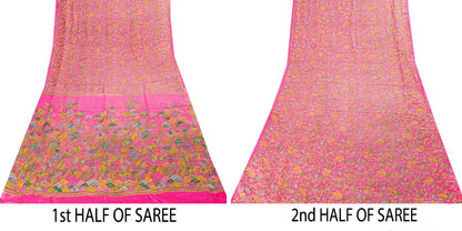 Sanskriti Vintage Craft Supply Floral Printed Pink Pure Silk Sarees 6+YD Sari