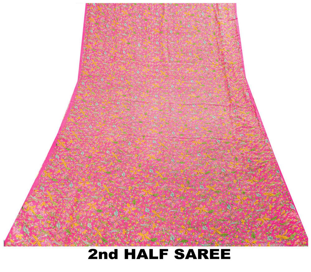 Sanskriti Vintage Craft Supply Floral Printed Pink Pure Silk Sarees 6+YD Sari
